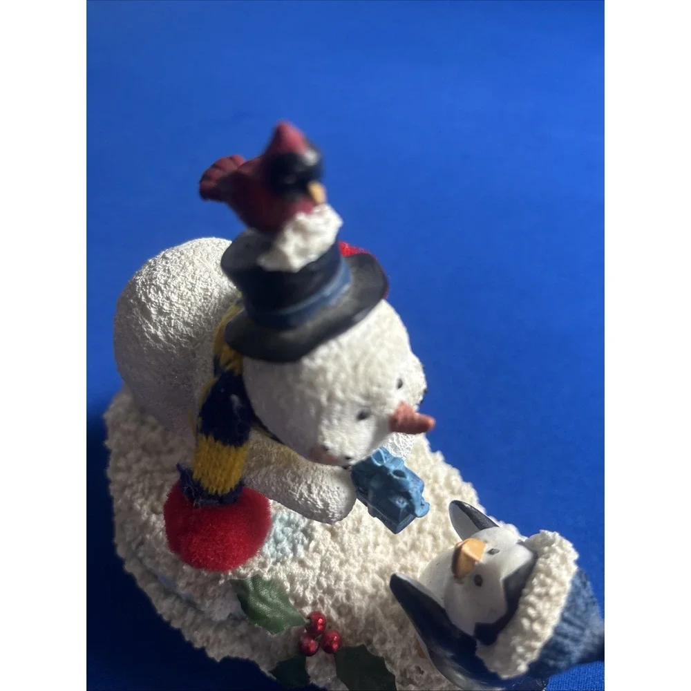 Snowman With Penguin Figurine Musical Box Works Wish You A Merry X-mas 6.5